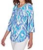 Color:Blue Moon Multi - Image 4 - Polynesian Gauze Ikat Tassel Ties Split Round Neck 3/4 Sleeve Top