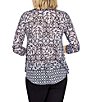 Color:Black Multi - Image 2 - Polynesian Knit Tropical Print Jewel Neck 3/4 Sleeve Top