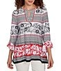 Ruby Rd. Printed Embellished Keyhole Neck 3/4 Ruffle Sleeve Sharkbite Hem Top, Color:Black Multi - Image 1