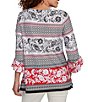 Ruby Rd. Printed Embellished Keyhole Neck 3/4 Ruffle Sleeve Sharkbite Hem Top, Color:Black Multi - Image 2