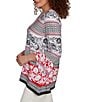 Ruby Rd. Printed Embellished Keyhole Neck 3/4 Ruffle Sleeve Sharkbite Hem Top, Color:Black Multi - Image 3