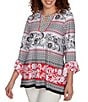 Ruby Rd. Printed Embellished Keyhole Neck 3/4 Ruffle Sleeve Sharkbite Hem Top, Color:Black Multi - Image 4