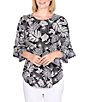Color:Black/White - Image 1 - Tropical Rainforest Print 3/4 Bell Sleeve Knit Top