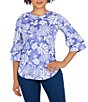Color:Periwinkle/White - Image 1 - Tropical Rainforest Print 3/4 Bell Sleeve Knit Top