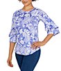 Color:Periwinkle/White - Image 3 - Tropical Rainforest Print 3/4 Bell Sleeve Knit Top