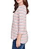 Ruby Rd. Ribbed Knit Striped Boat Neck 3/4 Sleeve Shirttail Hem Top, Color:Sangria - Image 3