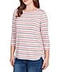 Ruby Rd. Ribbed Knit Striped Boat Neck 3/4 Sleeve Shirttail Hem Top, Color:Sangria - Image 4