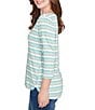 Ruby Rd. Ribbed Knit Striped Boat Neck 3/4 Sleeve Shirttail Hem Top, Color:Teal - Image 3