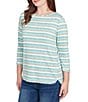 Ruby Rd. Ribbed Knit Striped Boat Neck 3/4 Sleeve Shirttail Hem Top, Color:Teal - Image 4