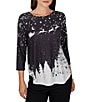 Ruby Rd. Santa Flying Sleigh Snowflake Crew Neck 3/4 Sleeve Top - Image 1