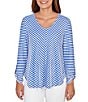 Ruby Rd. Scalloped Stripe V-Neck 3/4 Roll-Tab Sleeve Top, Color:Sea Blue/White - Image 1