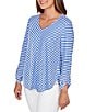 Ruby Rd. Scalloped Stripe V-Neck 3/4 Roll-Tab Sleeve Top, Color:Sea Blue/White - Image 4