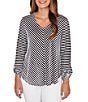 Ruby Rd. Scalloped Stripe V-Neck 3/4 Roll-Tab Sleeve Top, Color:Black/White - Image 1