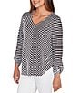 Ruby Rd. Scalloped Stripe V-Neck 3/4 Roll-Tab Sleeve Top, Color:Black/White - Image 4