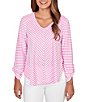 Ruby Rd. Scalloped Stripe V-Neck 3/4 Roll-Tab Sleeve Top, Color:Hydrangea/White - Image 1