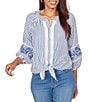 Ruby Rd. Seersucker Woven Stripe Band Collar 3/4 Embroidered Sleeve Tie-Front Blouse - Image 1