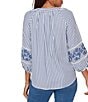 Ruby Rd. Seersucker Woven Stripe Band Collar 3/4 Embroidered Sleeve Tie-Front Blouse - Image 2