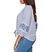 Ruby Rd. Seersucker Woven Stripe Band Collar 3/4 Embroidered Sleeve Tie-Front Blouse - Image 3