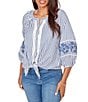 Ruby Rd. Seersucker Woven Stripe Band Collar 3/4 Embroidered Sleeve Tie-Front Blouse - Image 4