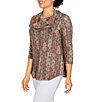 Color:Light Olive Multi - Image 1 - Shibori Print Cozy Knit Ruched Cowl Neck 3/4 Sleeve Top