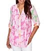 Ruby Rd. Silky Gauze Color Block Floral Split V-Neck Roll-Tab Sleeve Button Front Blouse - Image 1
