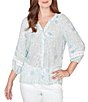 Ruby Rd. Silky Gauze Floral Split V-Neck 3/4 Sleeve Button-Front Blouse - Image 1