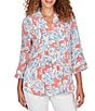 Ruby Rd. Silky Gauze Paisley Split V-Neck 3/4 Sleeve Button Front Top - Image 1
