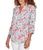 Ruby Rd. Silky Gauze Paisley Split V-Neck 3/4 Sleeve Button Front Top - Image 4