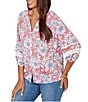 Ruby Rd. Silky Gauze Woven Floral Split V-Neck 3/4 Lace Inset Sleeve Blouse - Image 4