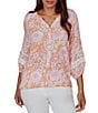 Ruby Rd. Silky Gauze Woven Floral Split V-Neck 3/4 Sleeve Button-Front Blouse - Image 1
