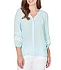 Ruby Rd. Silky Gauze Woven Split V-Neck 3/4 Sleeve Lace Trim Button-Front Peasant Blouse - Image 5