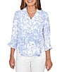 Ruby Rd. Silky Slub Woven Brushstroke Floral Collared V-Neck 3/4 Sleeve Partial Button Front Top - Image 5