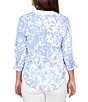 Ruby Rd. Silky Slub Woven Brushstroke Floral Collared V-Neck 3/4 Sleeve Partial Button Front Top - Image 6