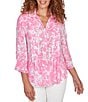 Ruby Rd. Silky Slub Woven Brushstroke Floral Collared V-Neck 3/4 Sleeve Partial Button Front Top, Color:Hydrangea Multi - Image 1