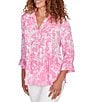 Ruby Rd. Silky Slub Woven Brushstroke Floral Collared V-Neck 3/4 Sleeve Partial Button Front Top, Color:Hydrangea Multi - Image 4