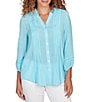 Ruby Rd. Silky Slub Woven Split V-Neck 3/4 Sleeve Button Front Top, Color:Aruba Blue - Image 1