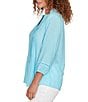 Ruby Rd. Silky Slub Woven Split V-Neck 3/4 Sleeve Button Front Top, Color:Aruba Blue - Image 3