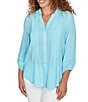Ruby Rd. Silky Slub Woven Split V-Neck 3/4 Sleeve Button Front Top, Color:Aruba Blue - Image 4