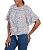 Ruby Rd. Silky Voile Printed Round Neck Short Flutter Sleeve Tie-Front Top, Color:Blue Sky Multi - Image 4