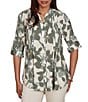 Ruby Rd. Silky Voile Shadow Floral Split V-Neck 3/4 Sleeve Pleated Button Front Shirt - Image 1