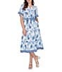 Ruby Rd. Silky Voile Toile Border Print Split Round V-Neck Short Sleeve Belted Midi Dress - Image 1