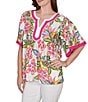 Ruby Rd. Silky Voile Tropical Floral Split V-Neck Elbow Sleeve Blouse - Image 3