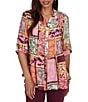 Ruby Rd. Silky Voile Woven Patchwork Tropical Print Split V-Neck 3/4 Roll-Tab Sleeve Button Front Shirt - Image 1