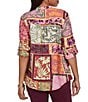 Ruby Rd. Silky Voile Woven Patchwork Tropical Print Split V-Neck 3/4 Roll-Tab Sleeve Button Front Shirt - Image 2