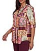 Ruby Rd. Silky Voile Woven Patchwork Tropical Print Split V-Neck 3/4 Roll-Tab Sleeve Button Front Shirt - Image 3