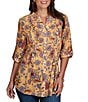 Ruby Rd. Slub Jersey Floral Vines Split V-Neck Elbow Roll-Tab Sleeve Button-Front Shirt - Image 1