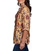 Ruby Rd. Slub Jersey Floral Vines Split V-Neck Elbow Roll-Tab Sleeve Button-Front Shirt - Image 3