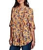 Ruby Rd. Slub Jersey Floral Vines Split V-Neck Elbow Roll-Tab Sleeve Button-Front Shirt - Image 4