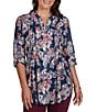 Ruby Rd. Slub Jersey Kensington Inspired Floral Split V-Neck Elbow Roll-Tab Sleeve Button-Front Shirt - Image 1