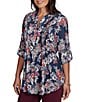 Ruby Rd. Slub Jersey Kensington Inspired Floral Split V-Neck Elbow Roll-Tab Sleeve Button-Front Shirt - Image 2